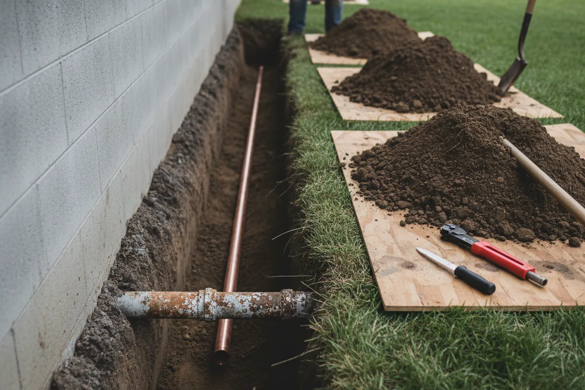 Excavated water line trench during Sewer Line Repair in Jakin